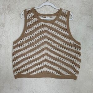 Open Knit  Striped XXL Tan Cream Chevron Pointelle Knit Sleeveless Sweater Vest